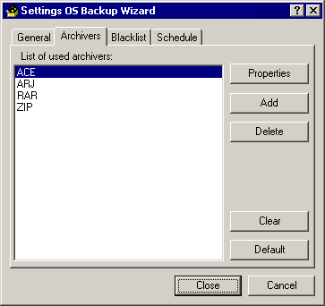 OS Backup Wizard. Program settings. Archivers