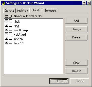 OS Backup Wizard. Program settings. Blacklist tab
